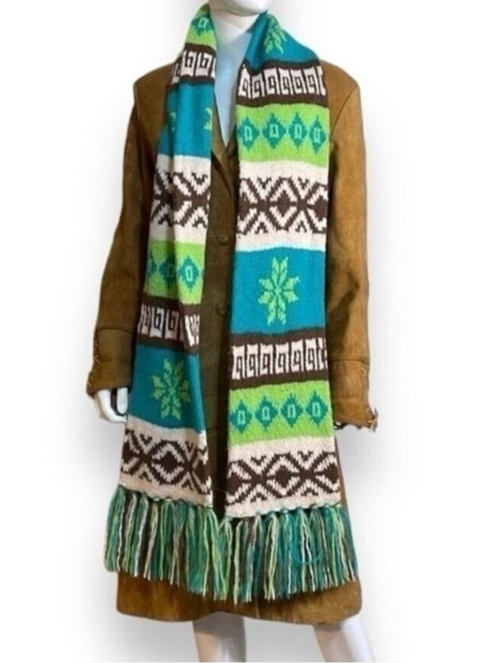Vintage (2004) Old Navy Wool, Alpaca, Angora Scarf Teal, Green, Brown and Cream